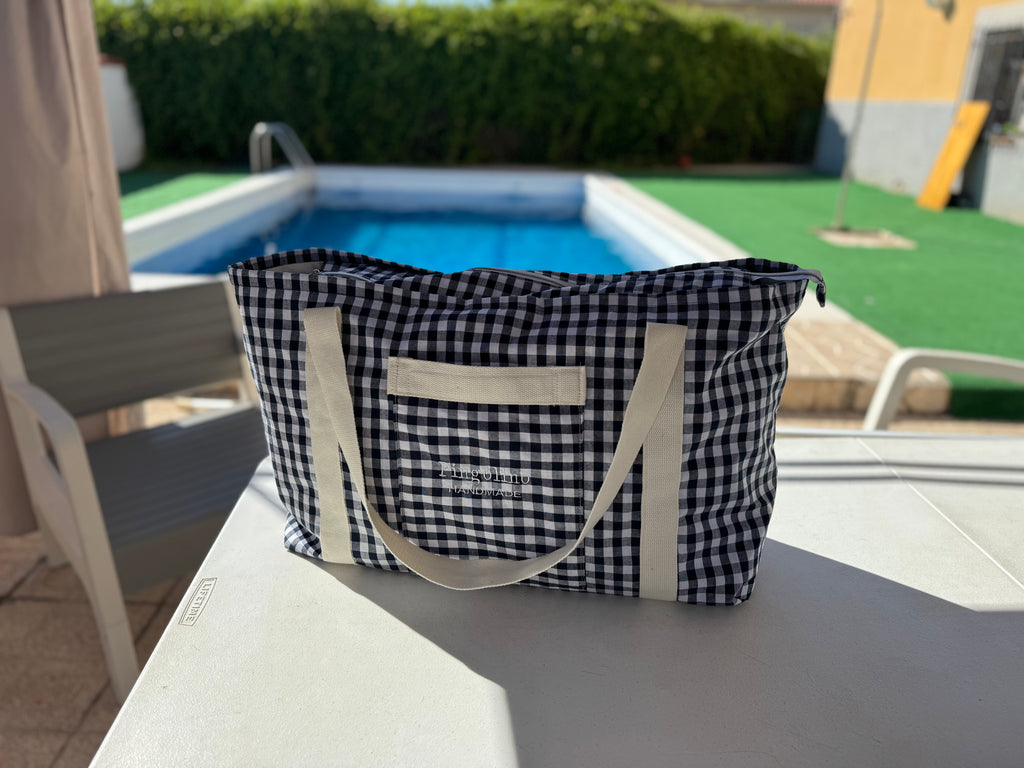 Bolsa de Playa Grande Vichy Blanco y Negro | Pingolino Handmade