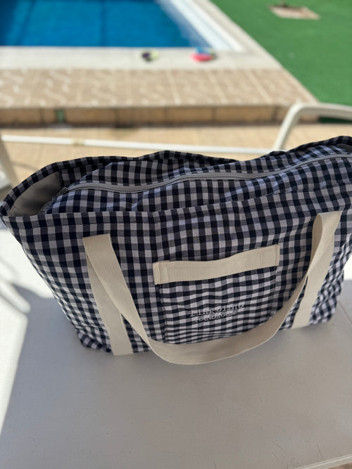 Bolsa de Playa Grande Vichy Blanco y Negro | Pingolino Handmade